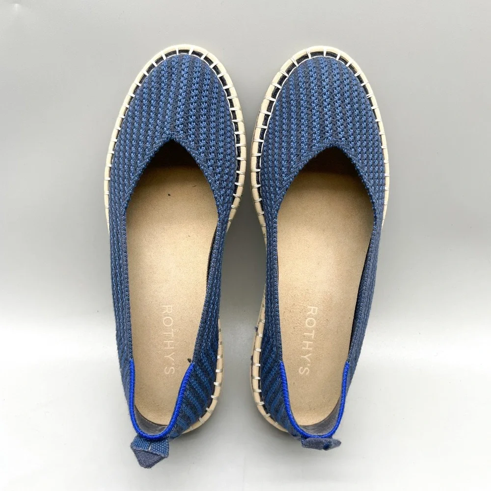 Rothys Womens 7.5 The Espadrille Flats Navy Stipe Knit Coastal Casual Nautical